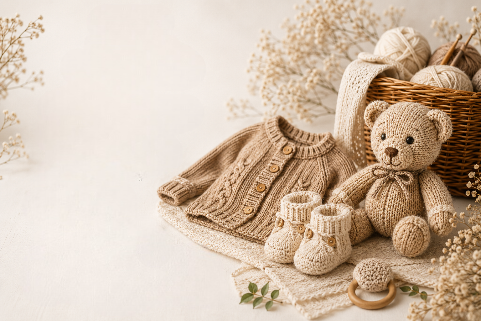 Hand-knitted baby bear and accessories
